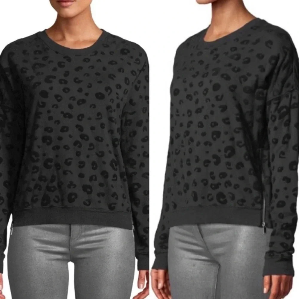 Rails Marlo Black Flocked Leopard Crewneck Side Zip Sweatshirt